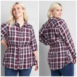 Lane Bryant No-Peek Button-Front Plaid Peplum Tunic Size 14/16